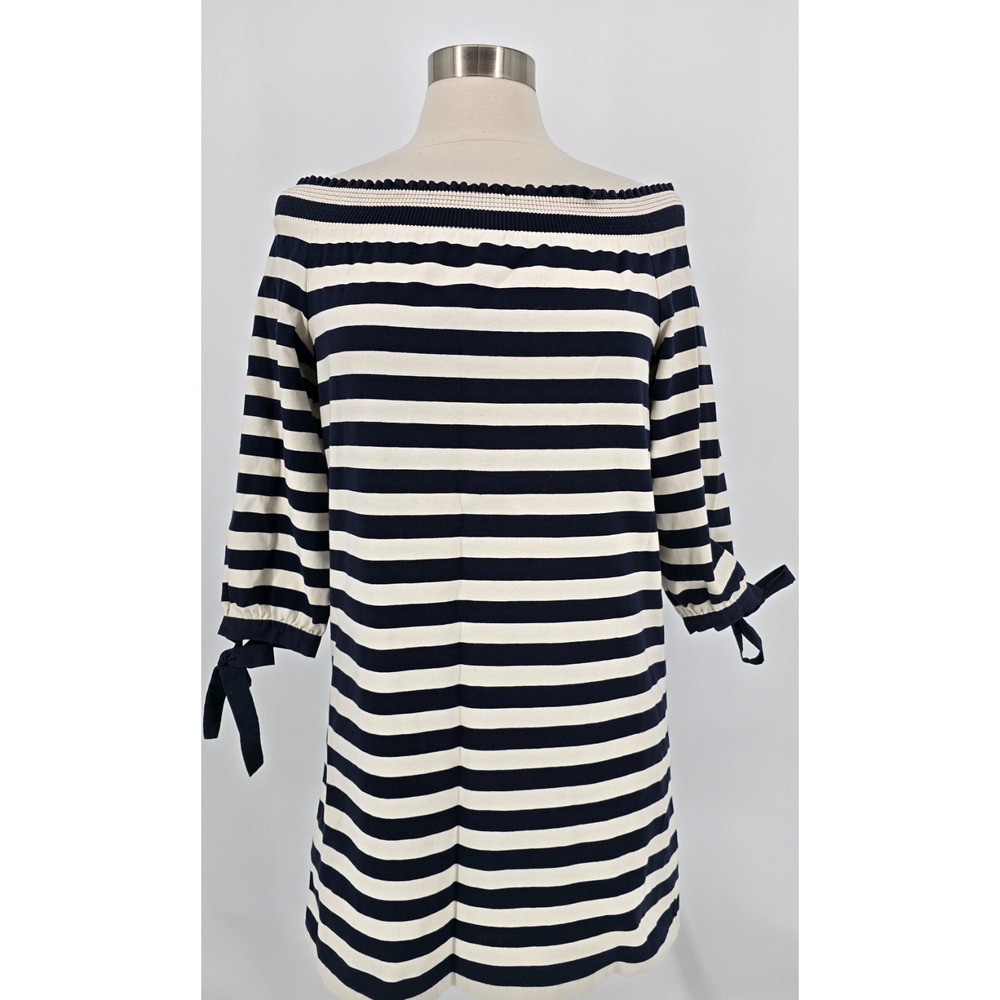J Crew XS Stripe Knit Mini Dress Off Shoulder 3/4 Sleeve Bow Cuff 100% Cotton